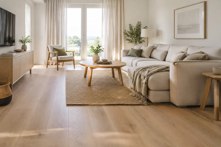 Bright small living room with light wide plank flooring and simple decor