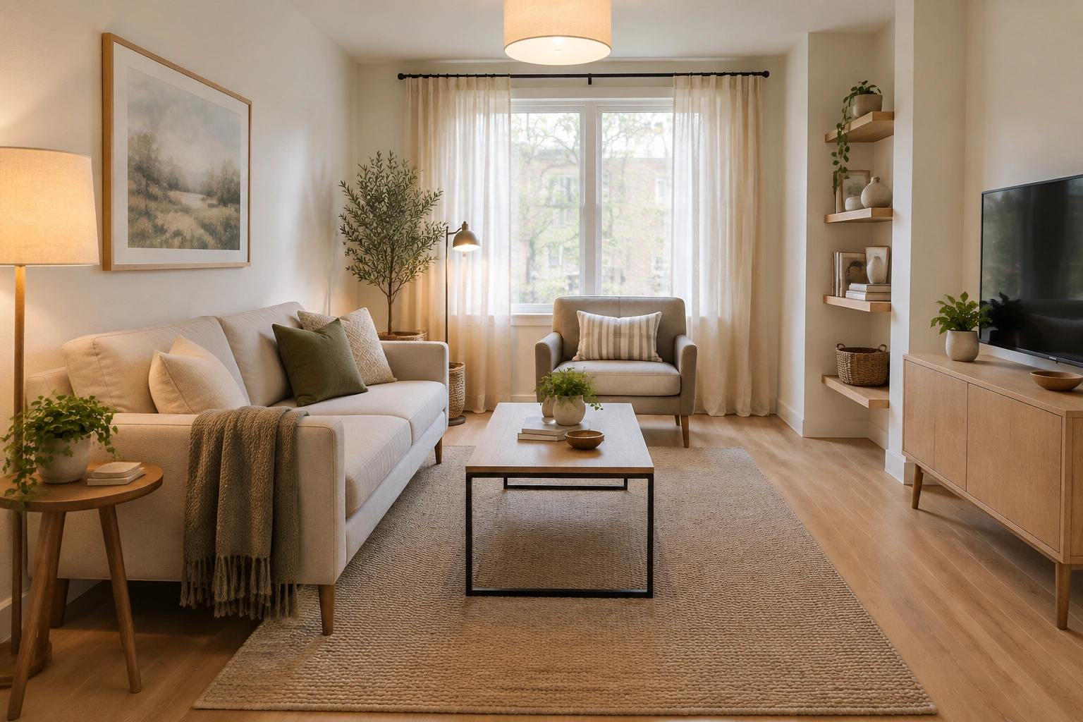 Small living room with layered lighting, lighter curtains, and simplified decor