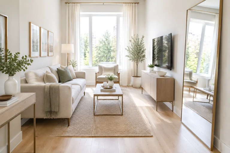 Bright small living room with simple furniture and open floor space