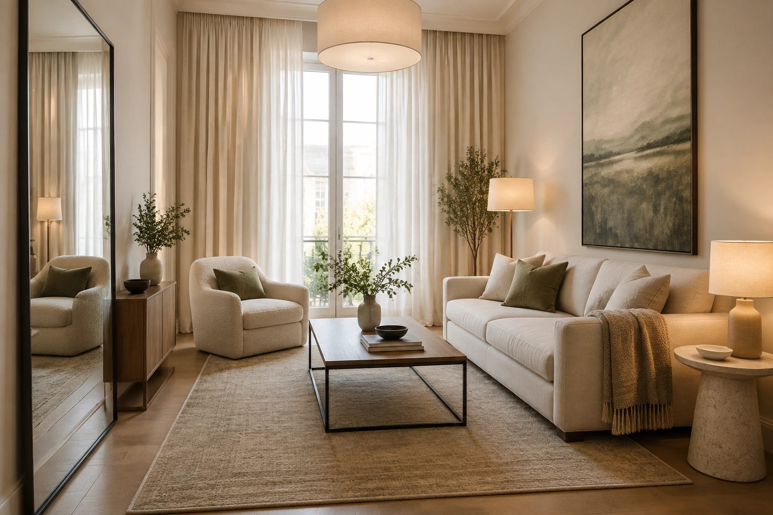 Small living room with ceiling-height curtains, tall artwork, and a correctly sized rug