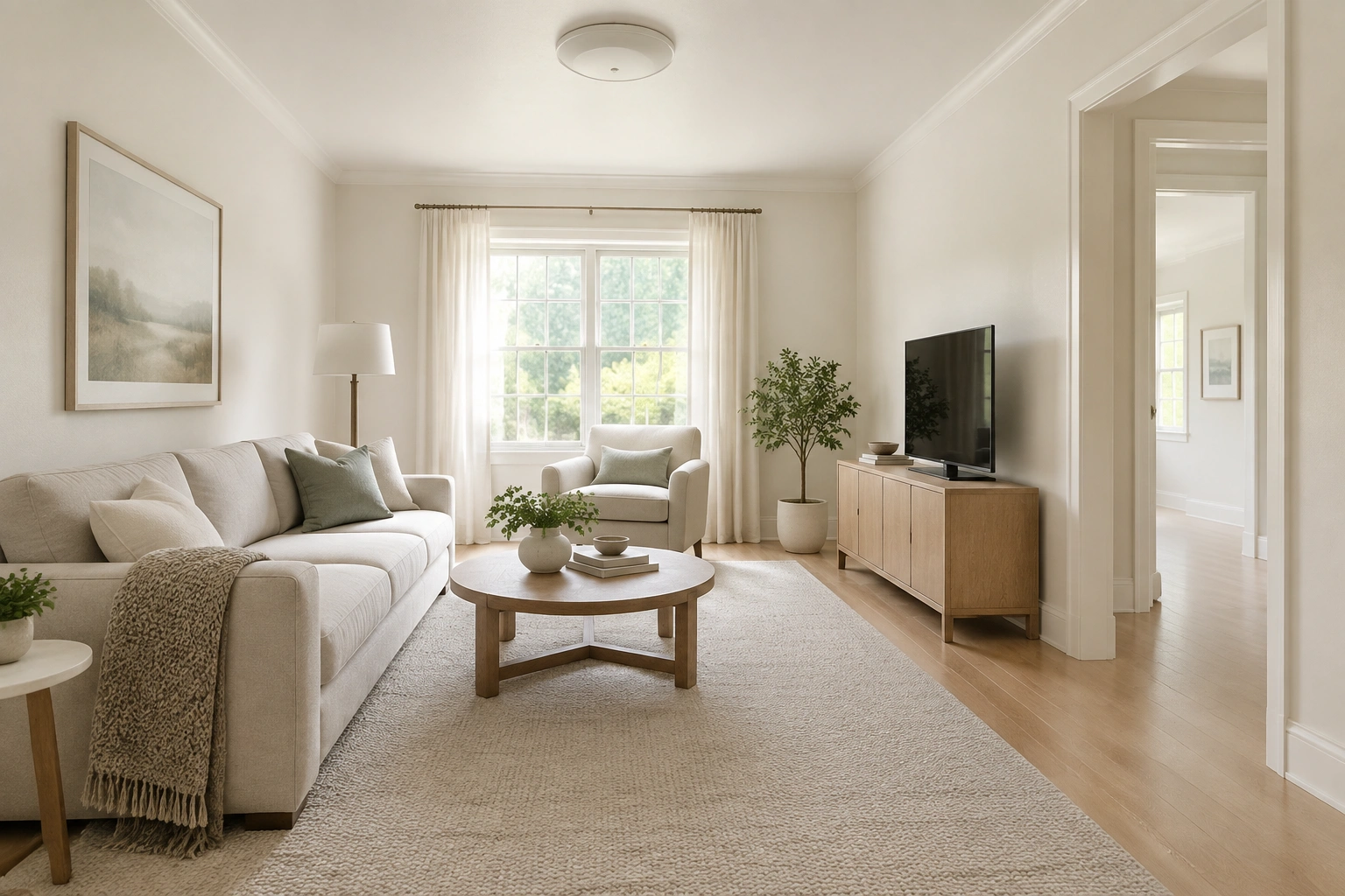 Small living room with coordinated wall, ceiling, and trim colors