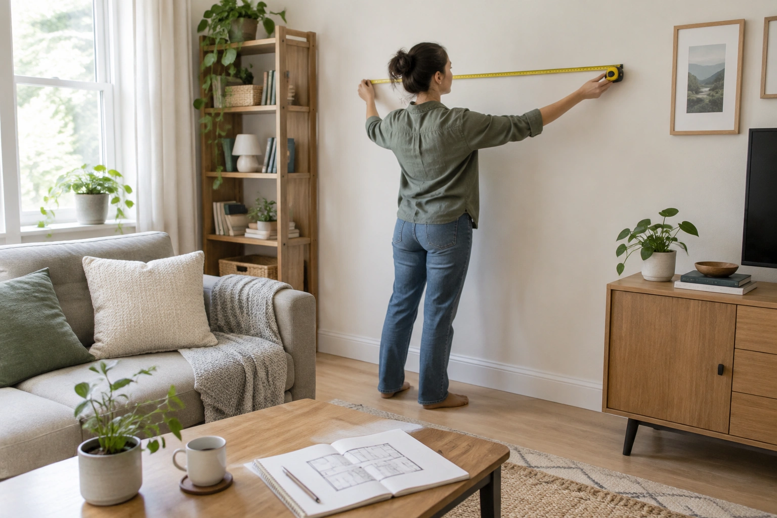 Person measuring a small living room wall with a tape measure