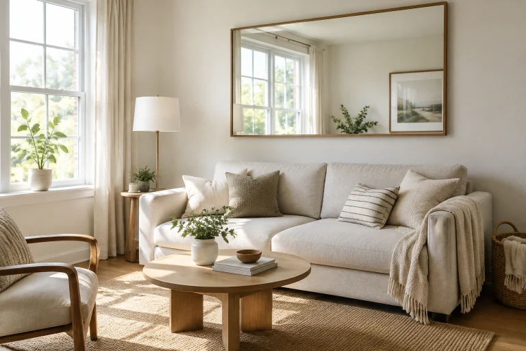Large wall mirror reflecting window light in a small living room
