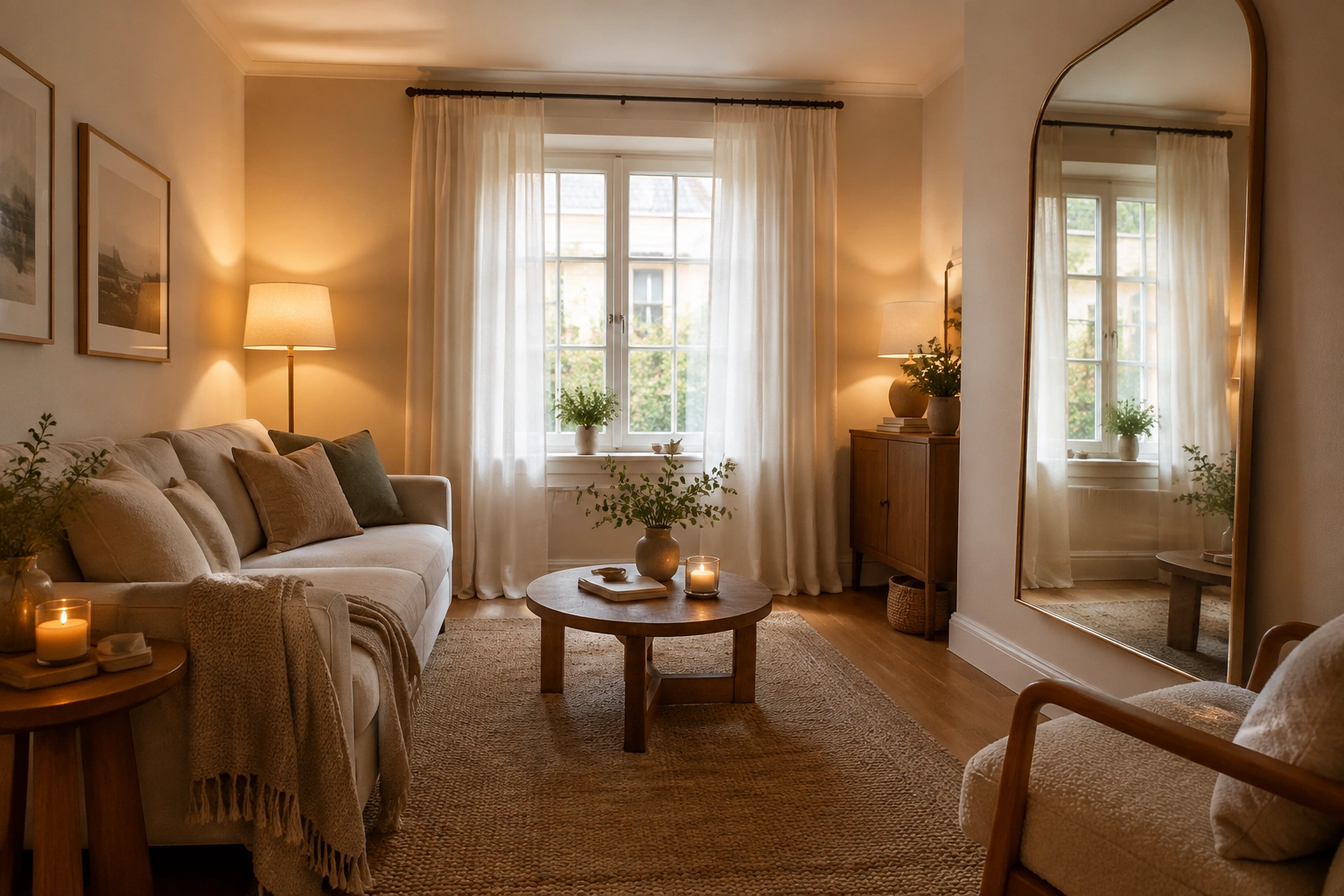 Living room mirror reflecting window light with layered lamps