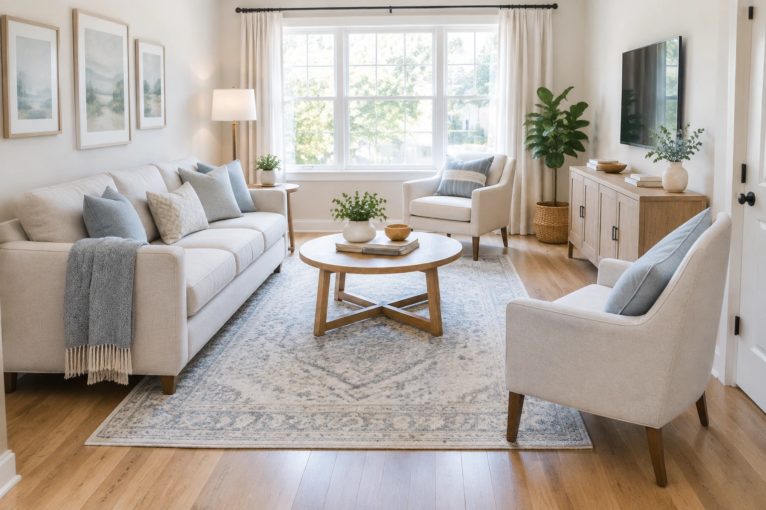 Small living room with a properly sized area rug under the seating area