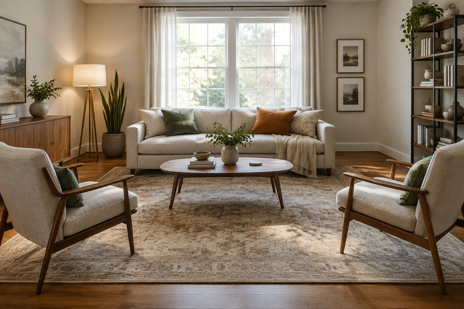Small living room with properly sized rug anchoring sofa and chairs