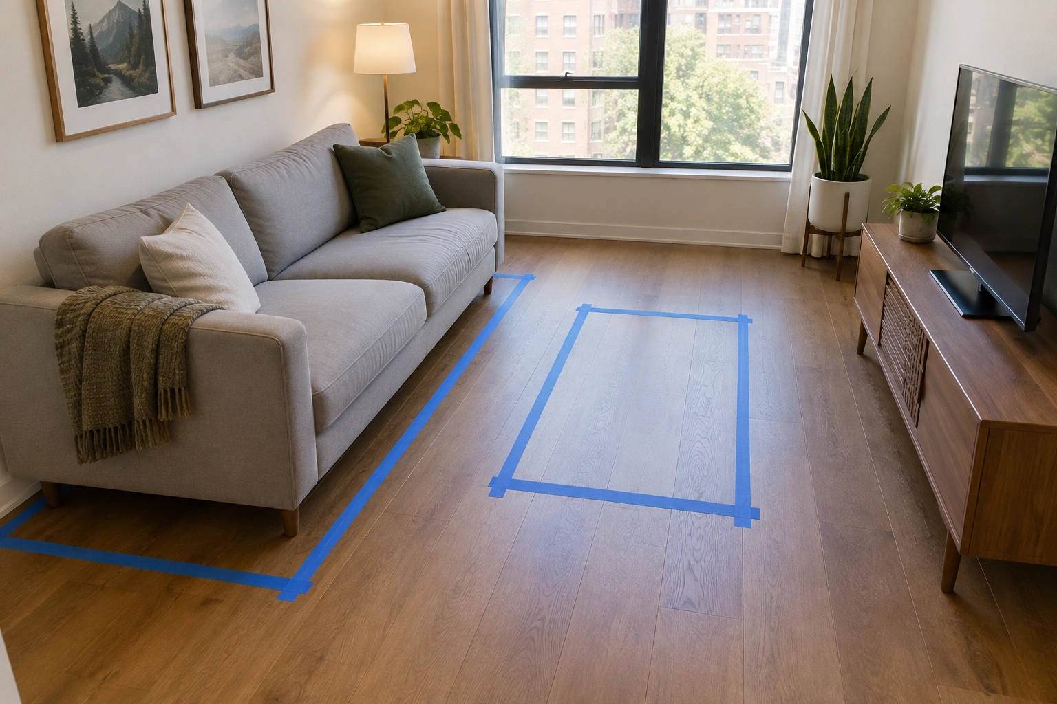 Painter’s tape outlining a sofa and coffee table footprint on a living room floor