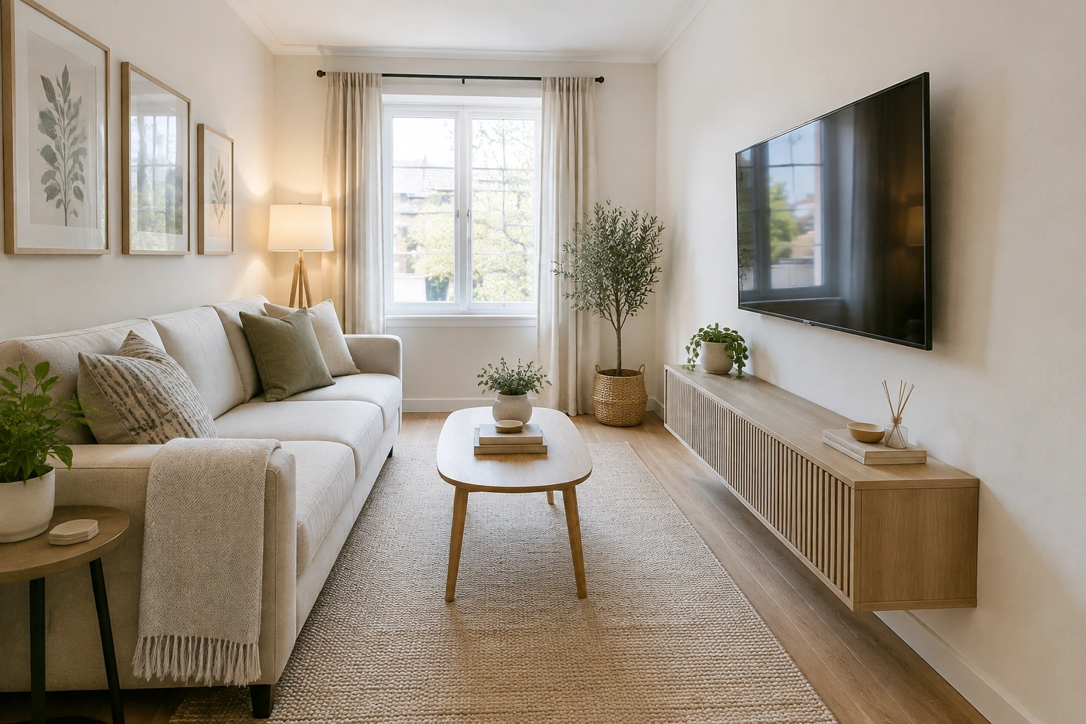 Small living room with TV placed on a clean main wall