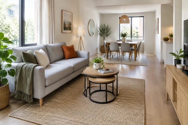 Small open-plan living room with sofa and rug defining the seating area