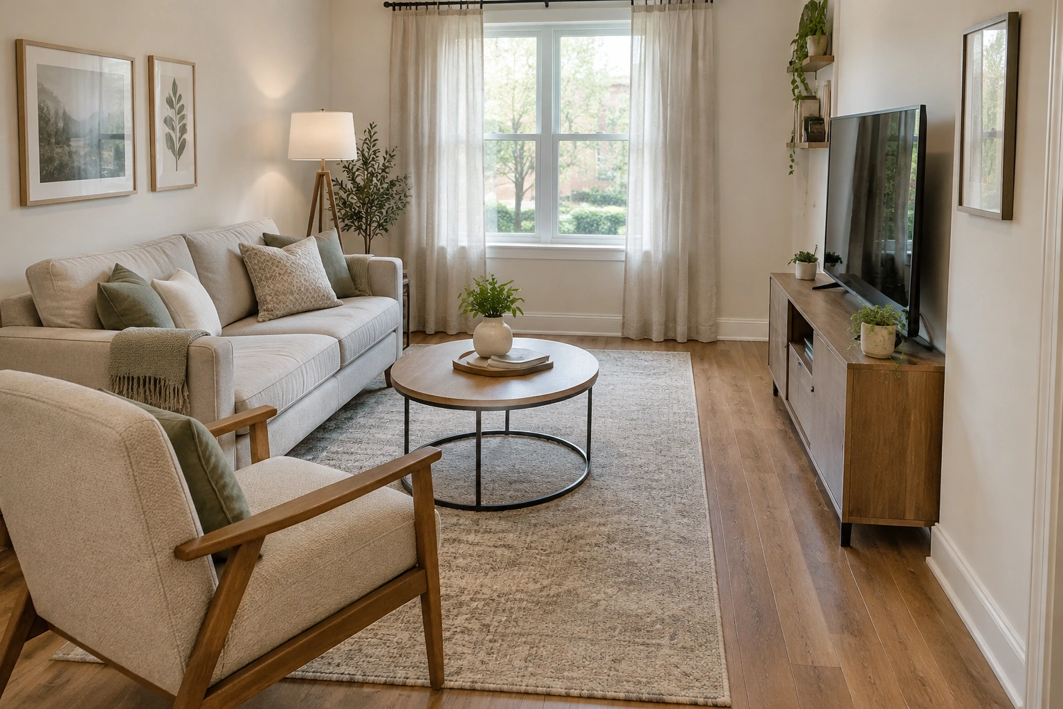 Small rectangular living room with sofa, round coffee table, and open walkway