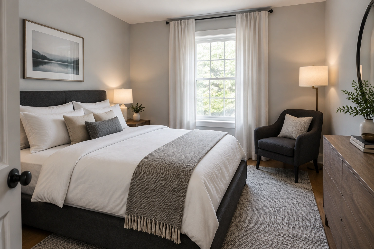 Small bedroom with light walls and a dark accent chair