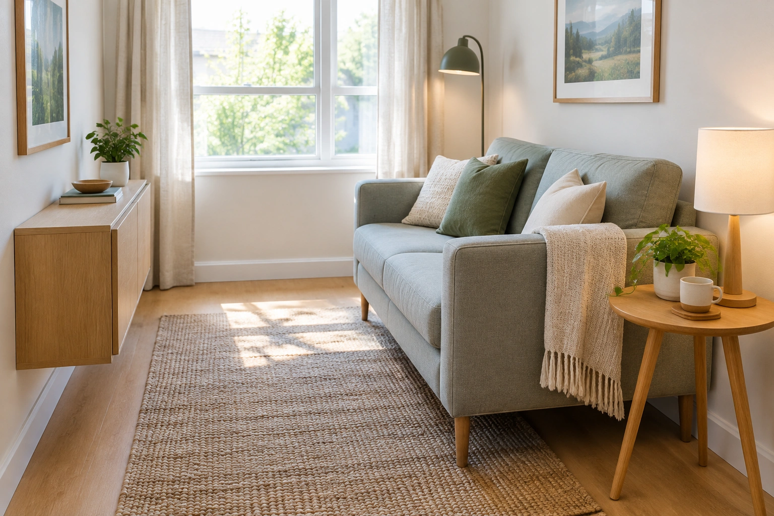 Small room furniture layout with one piece floated away from the wall