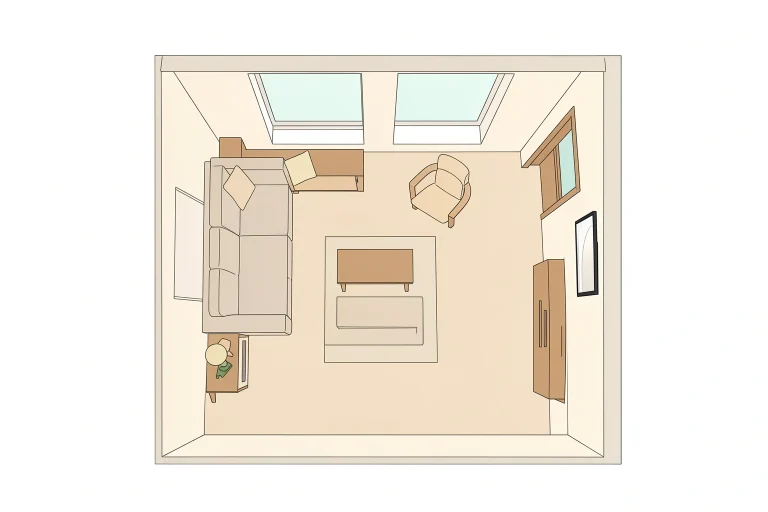 Small square living room floor plan with doors windows and sofa placement.
