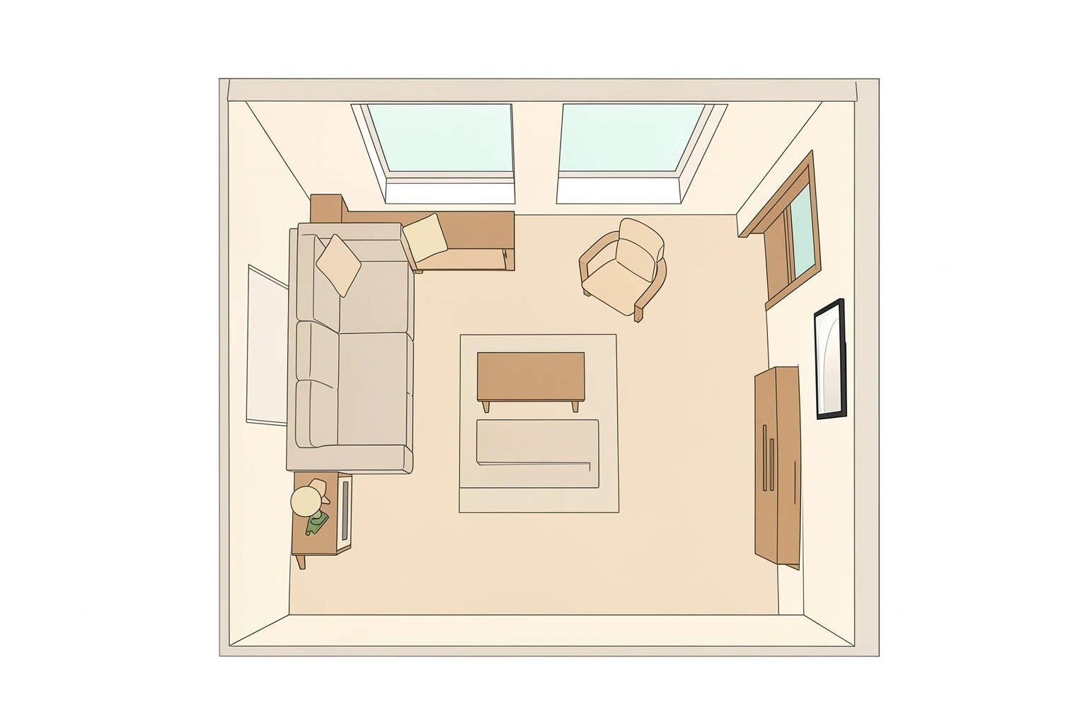 Small square living room floor plan with doors windows and sofa placement.