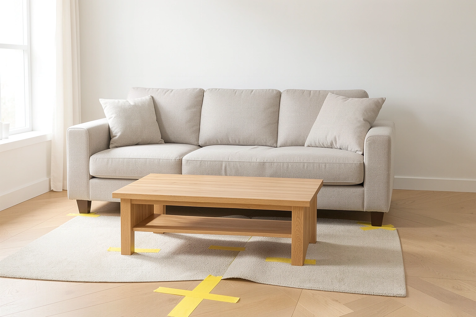 Sofa and coffee table spacing measured with tape in a living room layout