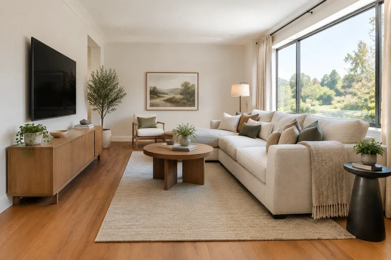 Living room layout showing a sofa facing a TV with a window to the side