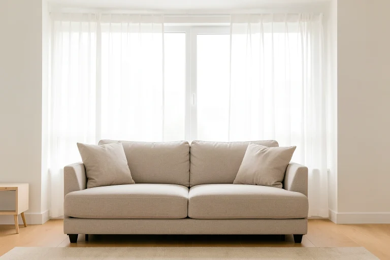 Sofa placed in front of a bright window with curtains and open space behind it