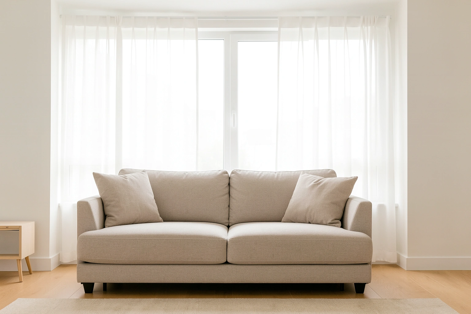 Sofa placed in front of a bright window with curtains and open space behind it