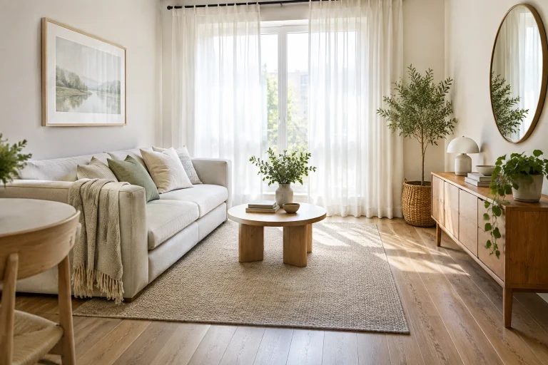 Tiny living room styled with light colors, open floor space, and airy furniture