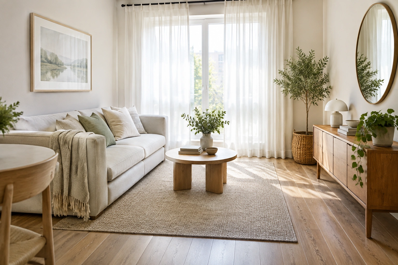 Tiny living room styled with light colors, open floor space, and airy furniture