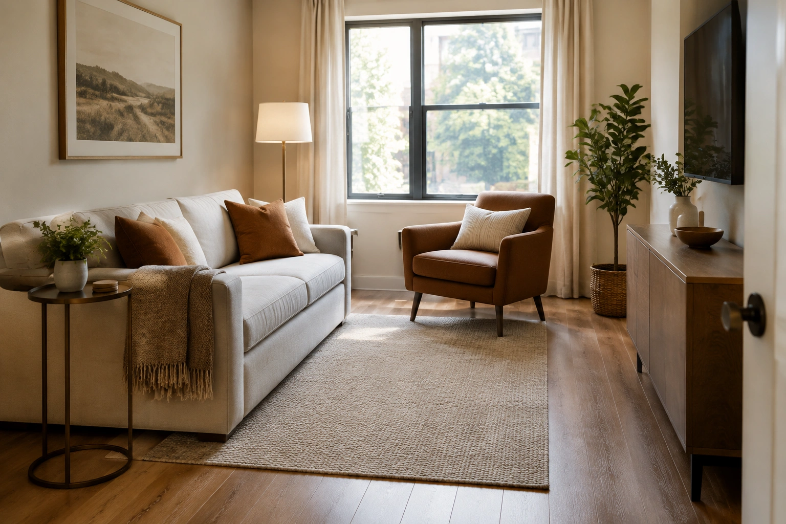 Compact tiny living room with a practical furniture layout and clear walking space