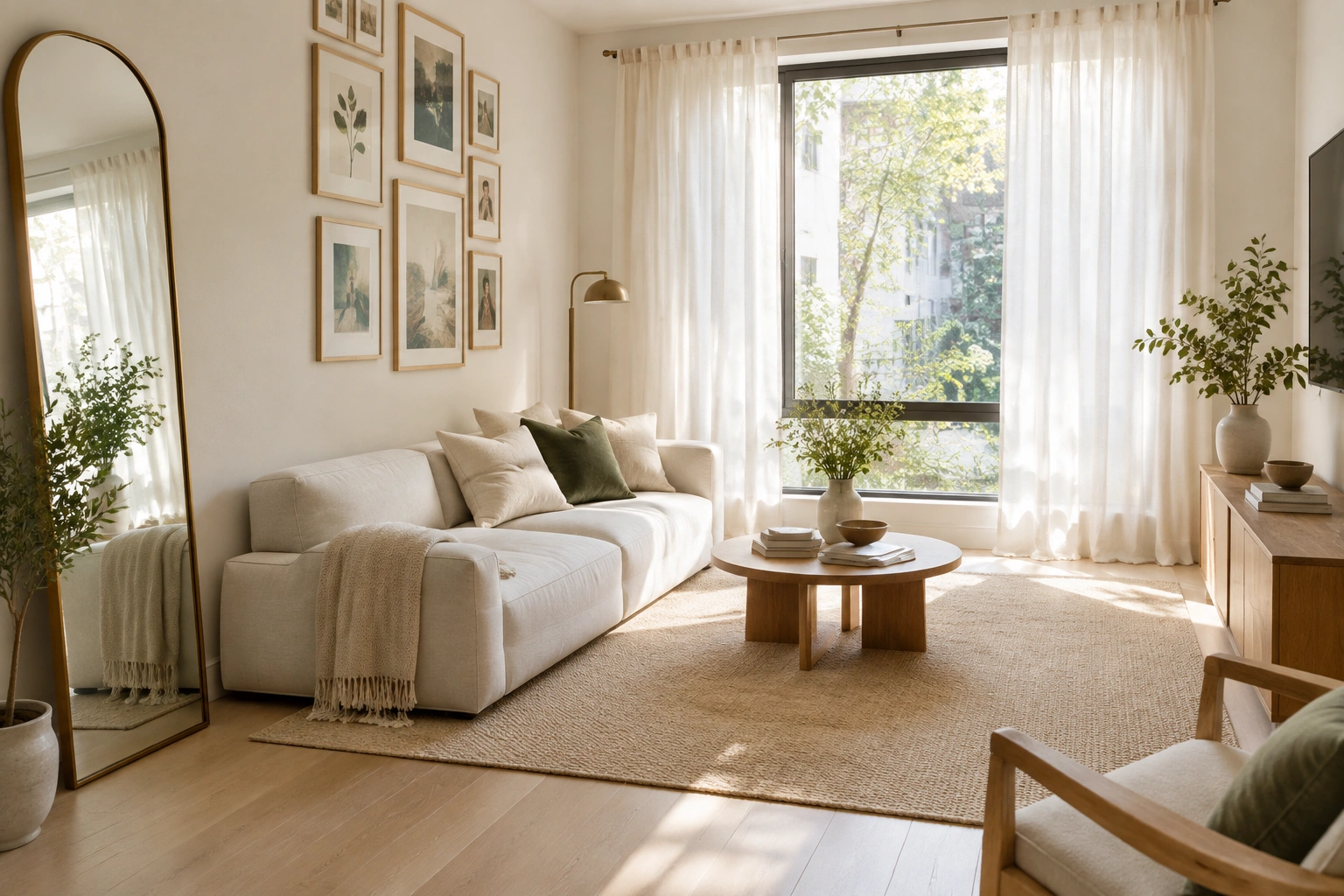 Tall mirror and vertical gallery wall in a small living room