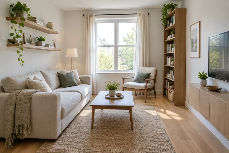 Small living room with floating shelves and a tall bookcase